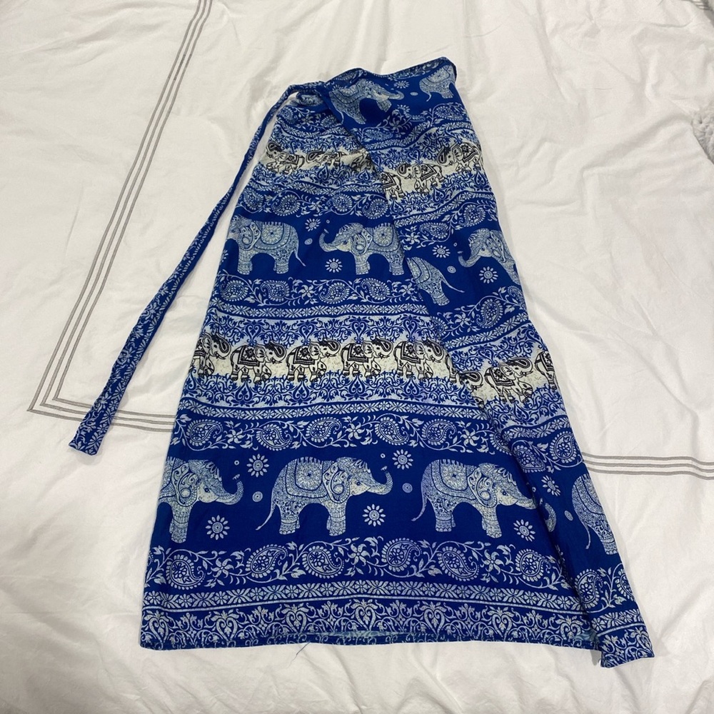 blue and white elephant tie maxi skirt from thailand.